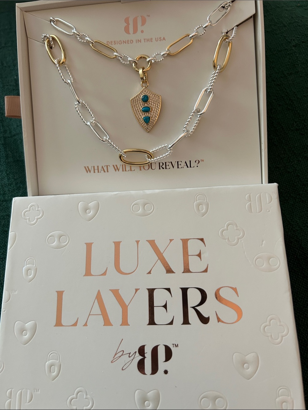 Bomb Party Layers Two-Tone Gold & Silver Shield Necklace with Turquoise